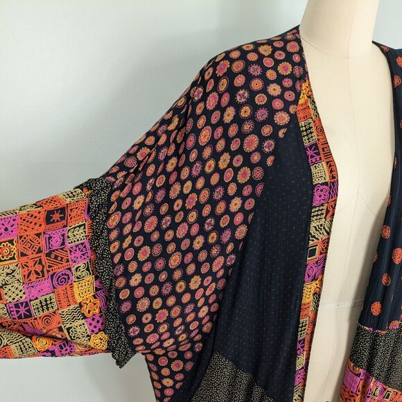 Vintage Kimono Top M Black Pink Cardigan Patchwork Color Artsy Eclectic 90s - Picture 8 of 14